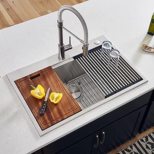Ruvati 33 x 22 inch Workstation Drop-in Topmount Kitchen Sink 16 Gauge Stainless Steel Single Bowl - | Amazon (US)