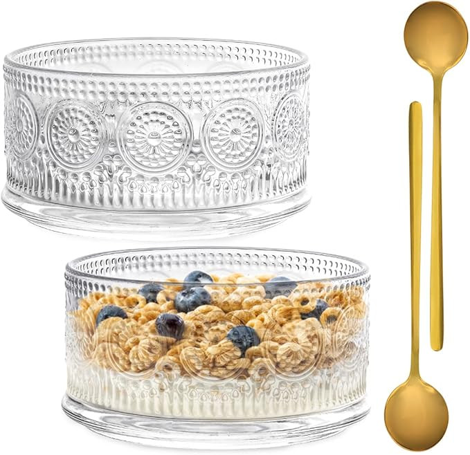 Glass Bowl 2 Pack Ice Cream Bowls, 15.5oz Glass Serving Bowl with Gold Spoon Trifle Bowl For Dess... | Amazon (US)