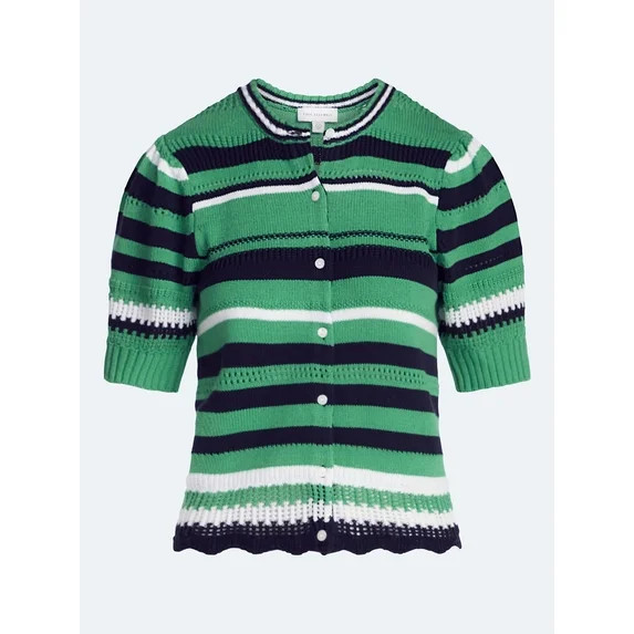 Free Assembly Women's Textured Stripe Cardigan Sweater with Short Puff Sleeves, Lightweight, Size... | Walmart (US)