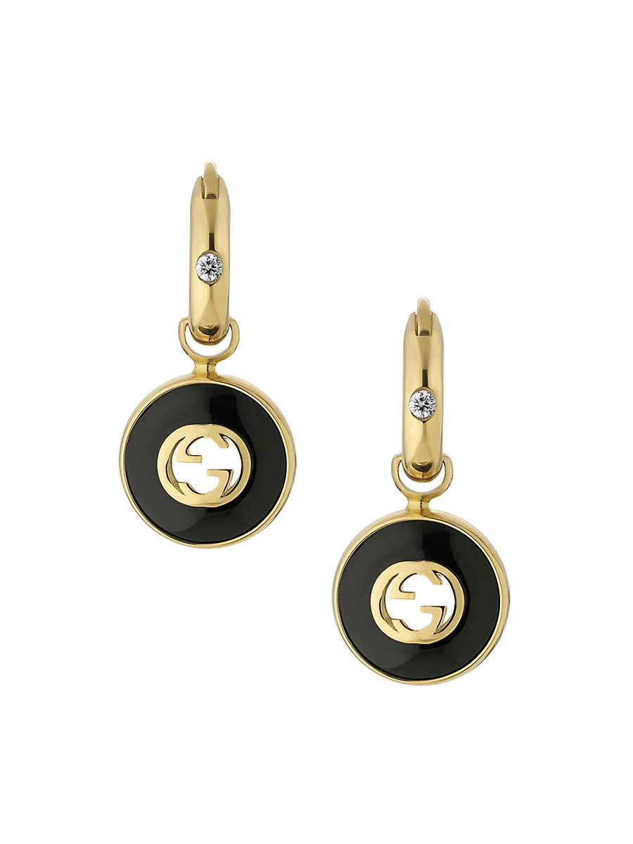Women's Interlocking G 18K Yellow Gold, Black Onyx & 0.042 TCW Diamond Drop Earrings - Yellow Gold | Saks Fifth Avenue