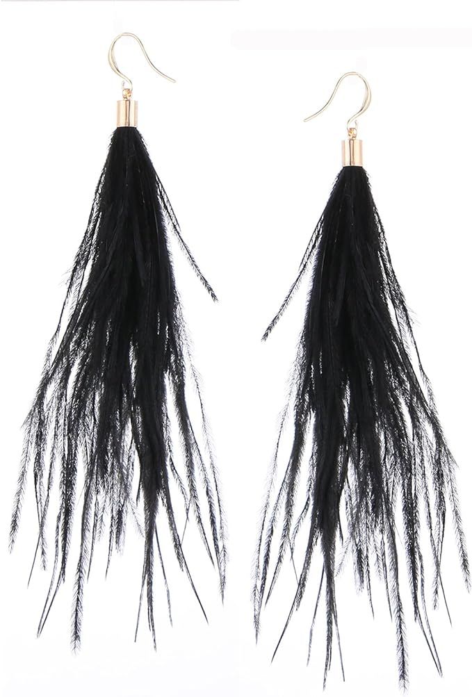 Amazon.com: Women Long Dangle Earring Feather Elegant Thread Feather for Gift Black Party Bohemia... | Amazon (US)