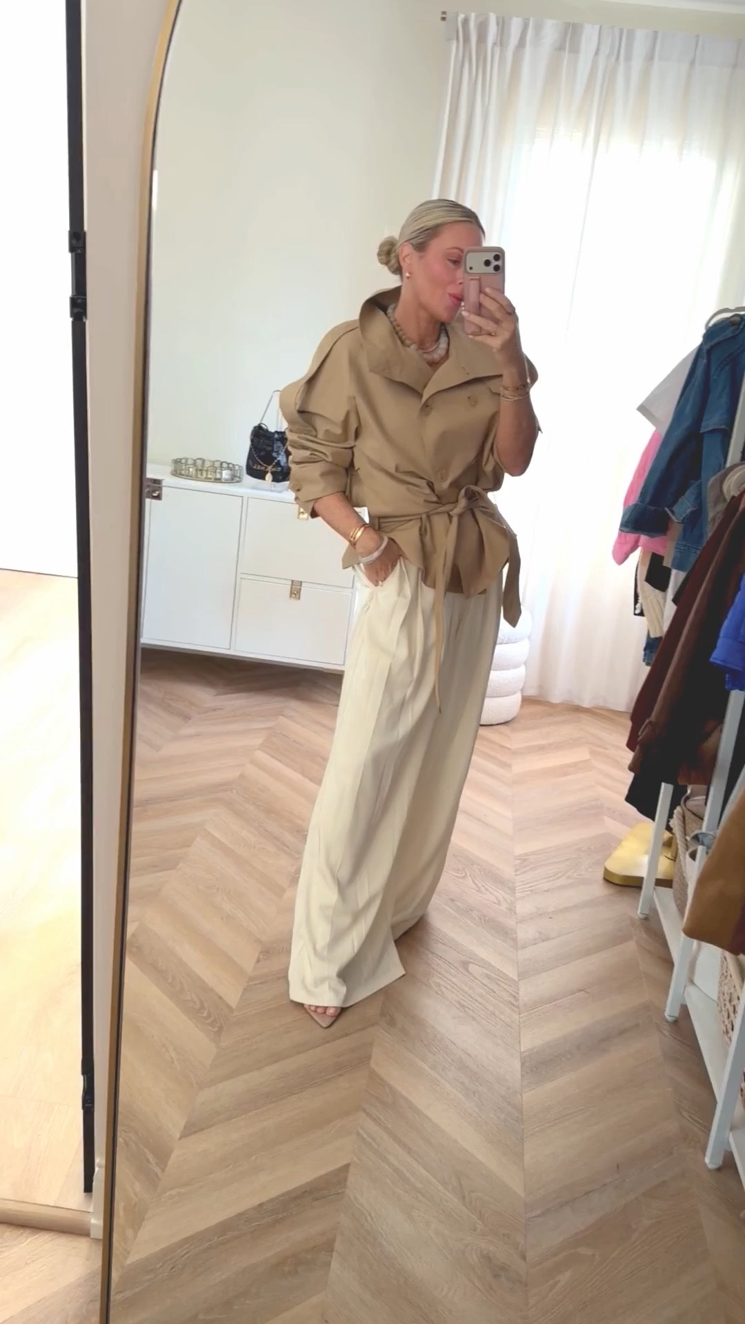 Obsessed with these pants🤍🔥. The silhouette of these pants is so flattering and they’re under $90. They come in 3 colors & are such a good elevated everyday piece. I’m wearing a medium in the pants & small in jacket.
Think showers, graduations, brunch, date night- so good! 🤍🤍🤍

Spring outfits. Denim wrap coat. High collar. White pants. Dressy. Easter. Graduation. Crop trench coat. 

#LTKSeasonal #LTKgrwm #LTKootd