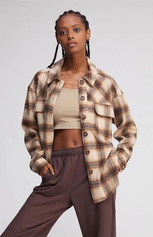 LA Hearts Brown Oversized Plaid Shacket | PacSun | PacSun