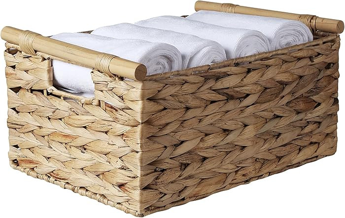 Cesta rectangular grande de mimbre con asas de madera incorporadas, cesta tejida de jacinto de ag... | Amazon (US)