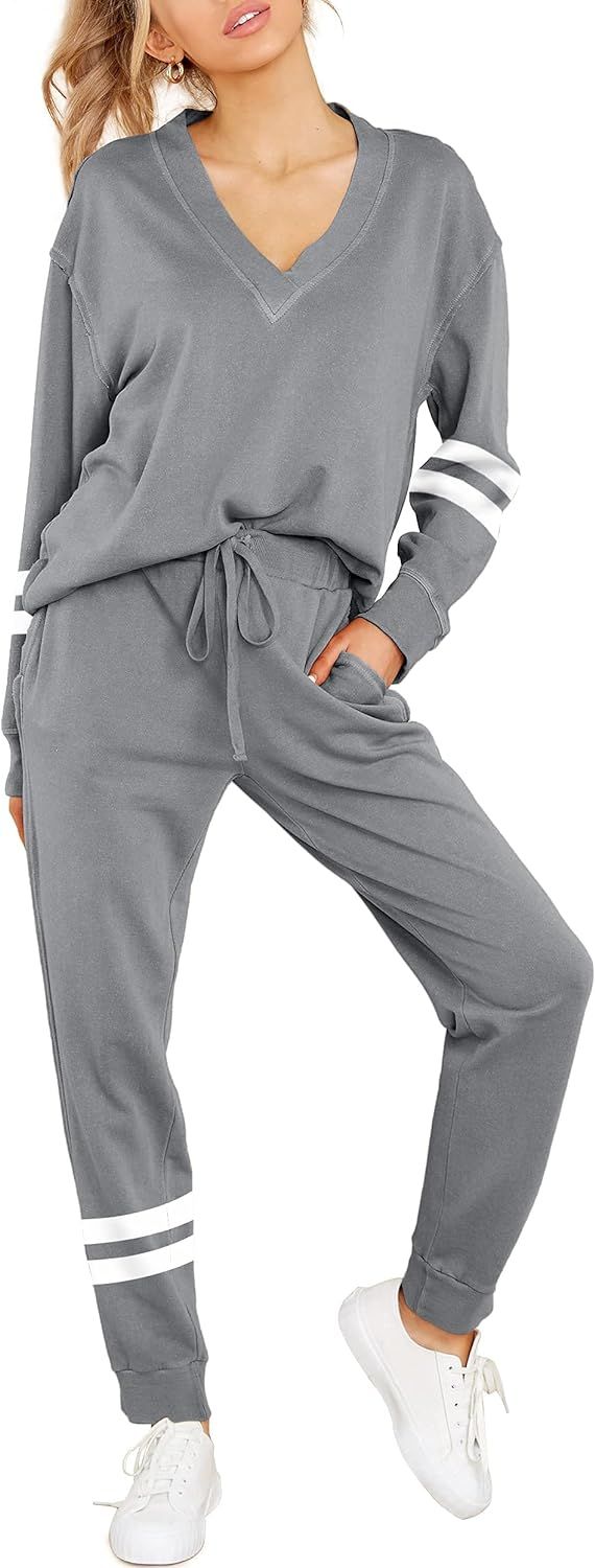 FERNGIRL Women's Two Piece Sweatsuit Sets Striped Outfits Long Sleeve Tie Waist Loungewear Sweatp... | Amazon (US)