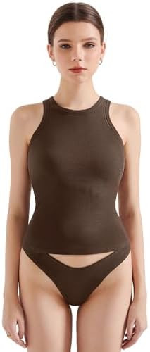 SUUKSESS Women Padded Cotton Ribbed Tank Tops High Neck Racerback Basic Tops | Amazon (US)