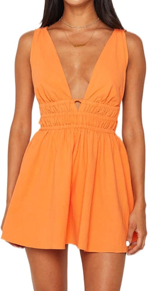 Sunloudy Halter Neck Mini Dresses for Women Sleeveless Deep V-Neck Swing Short Dress Open Back Sl... | Amazon (US)
