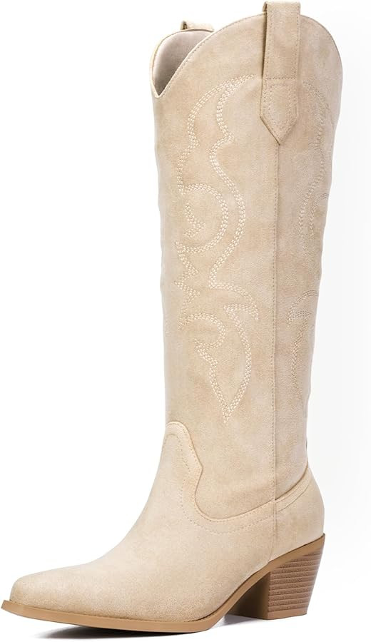 Amazon.com | Platikly Beige Cowboy Boots for Women - Embroidered Western Cowgirl Boots Suede Leat... | Amazon (US)