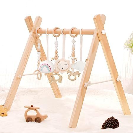 Amazon.com : Wooden Baby Gym with 6 Wooden Baby Toys Foldable Baby Play Gym Frame Activity Gym Ha... | Amazon (US)