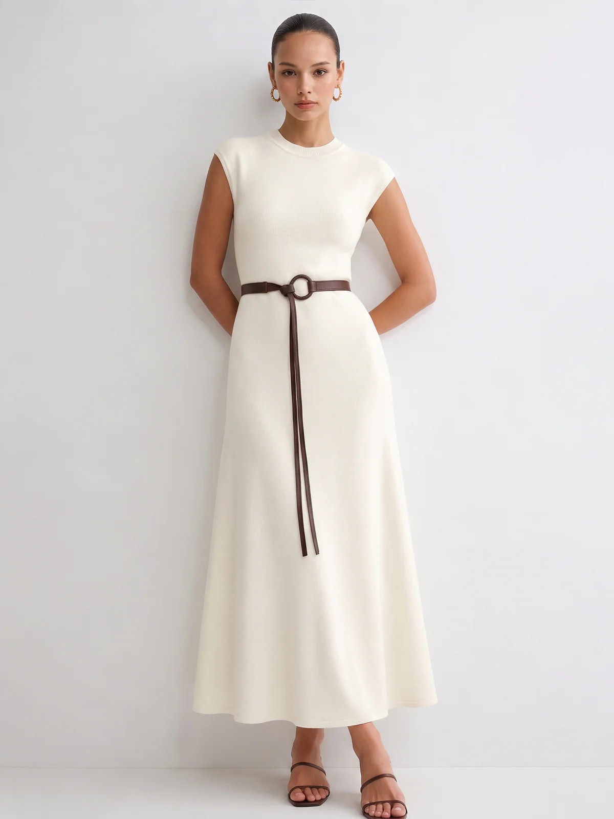 Sleeveless Knit Belted Maxi Dress | Commense