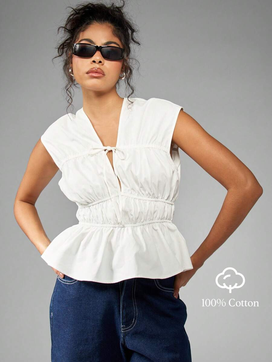 MISSGUIDED Elegant Ruched Peplum Sleeveless Top Summer Spring Tie-Front Cotton Blouse Versatile O... | SHEIN
