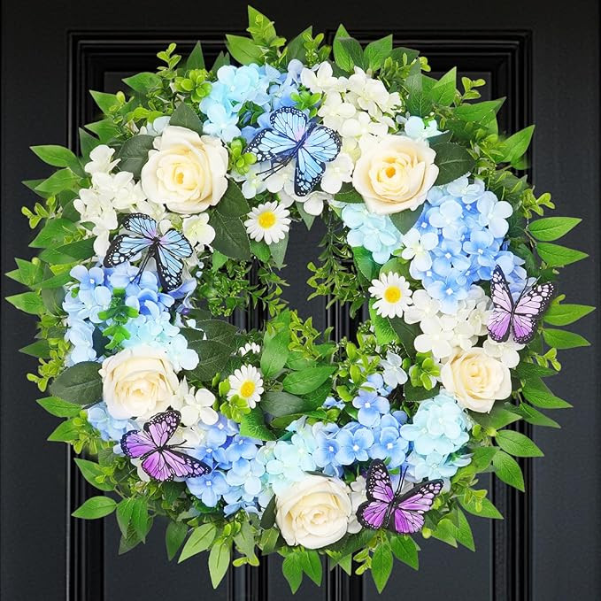 [Lighted & Timer] 24" Spring Summer Wreaths for Front Door Blue Hydrangea Wreath with Lights Butt... | Amazon (US)