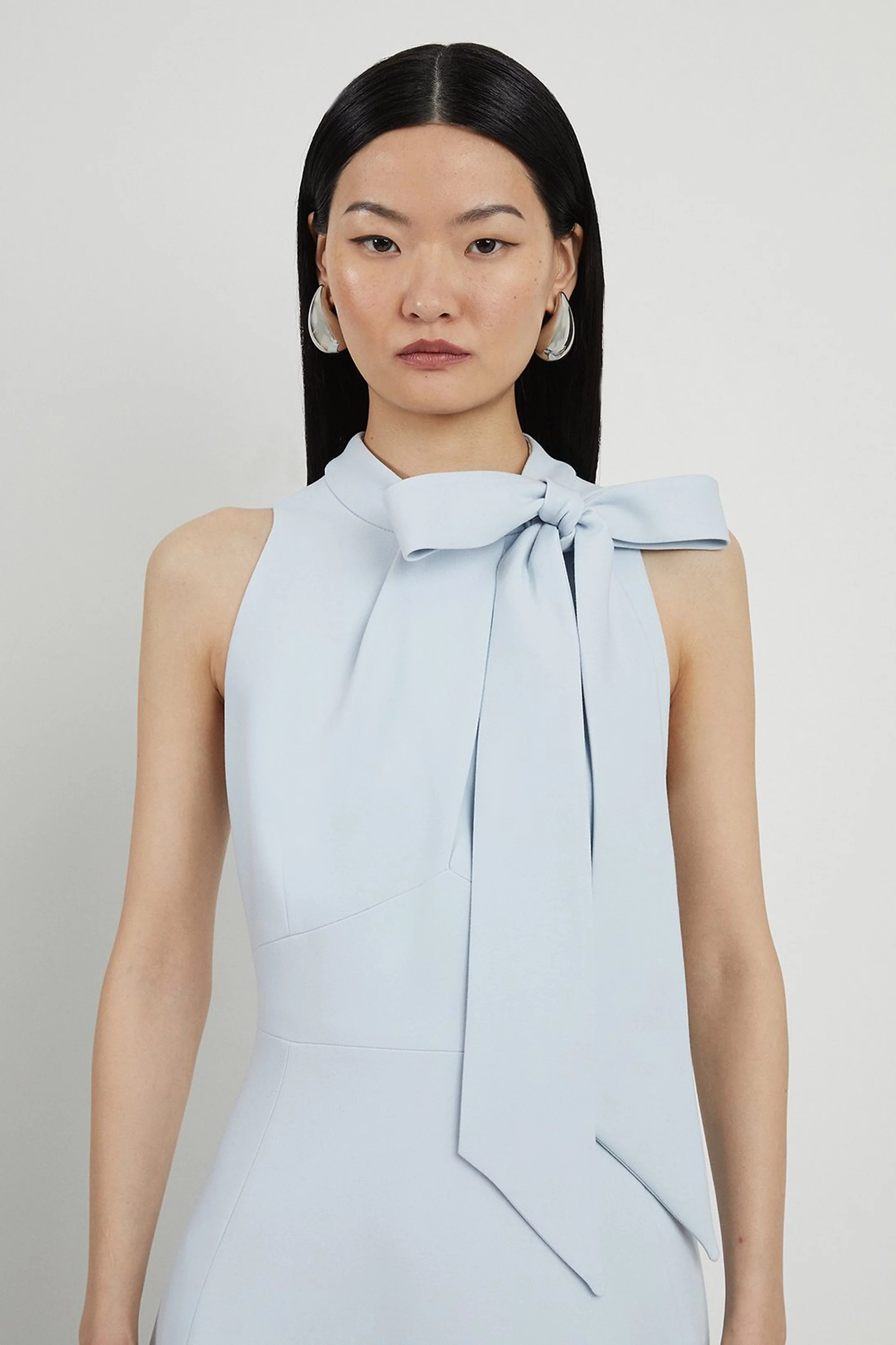 Compact Stretch Tie Neck Full Skirted Midi Dress | Karen Millen UK + IE + DE + NL