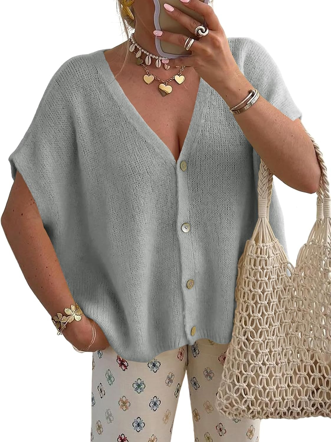 Saodimallsu Womens Fall Short Sleeve Cardigans Sweater Oversized Tops | Amazon (US)