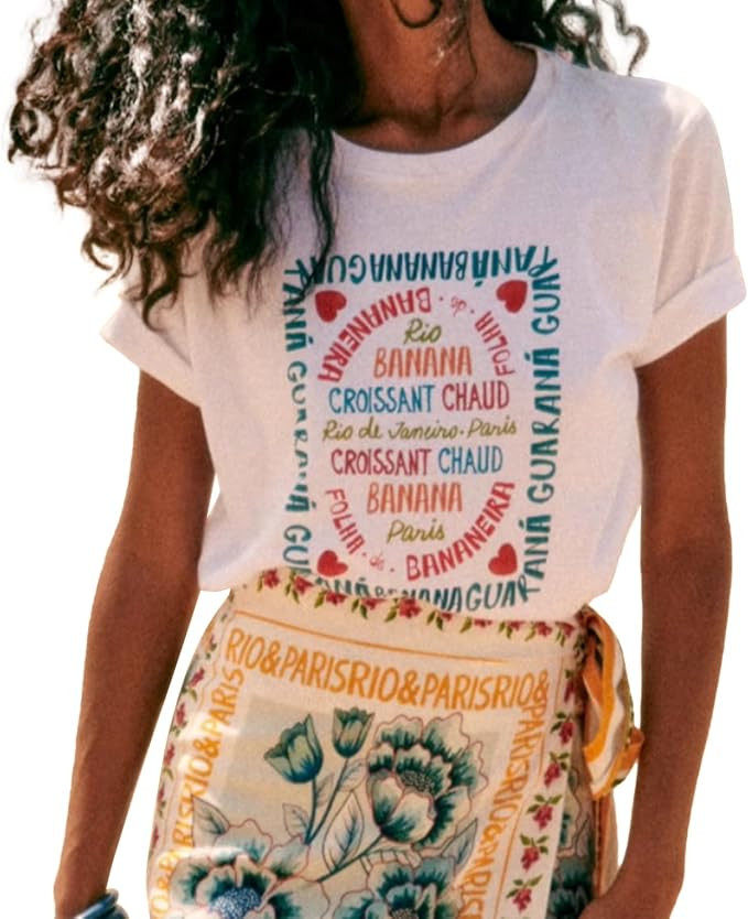 Womens Floral T Shirts Casual Boho Summer Tee Short Sleeve Oversized Beach Outfits Matching Wrap ... | Amazon (US)