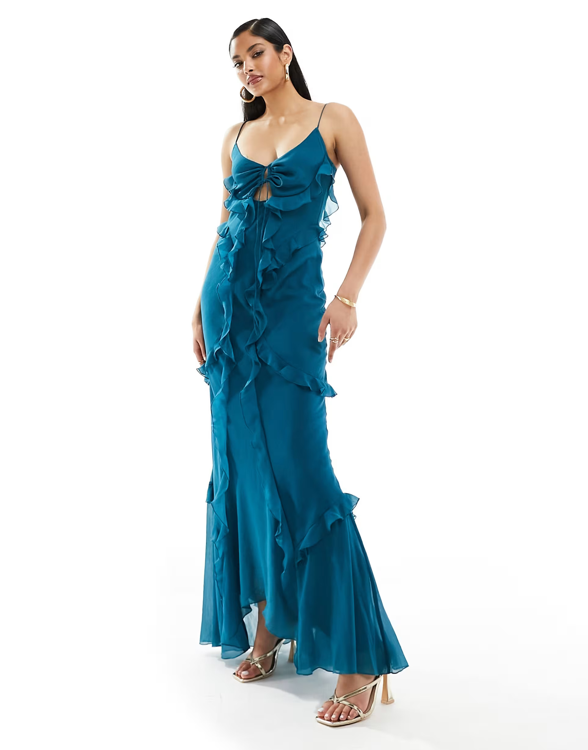 ASOS DESIGN halter ruffle maxi dress with cut out detail in teal blue  | ASOS | ASOS (Global)