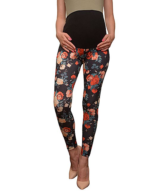 Navy & Red Floral Over-Belly Maternity Leggings | zulily
