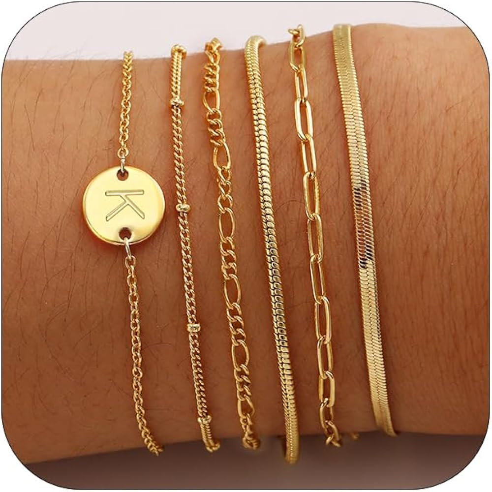Gold Bracelets for Women, 6PCS 14K Real Gold Plated Letter A-Z Stackable Jewelry Set for Adjustab... | Amazon (US)