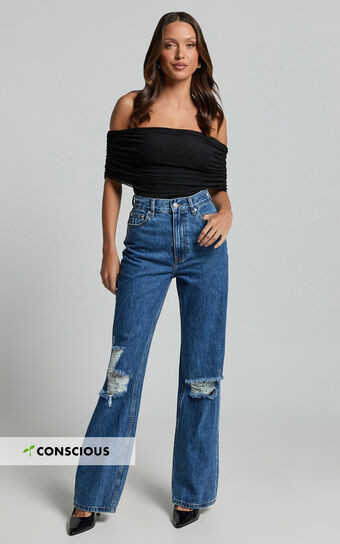 Miho Jeans - High Waisted Recycled Cotton Distressed Straight Leg Denim Jeans in Dark Blue Wash | Showpo (US, UK & Europe)