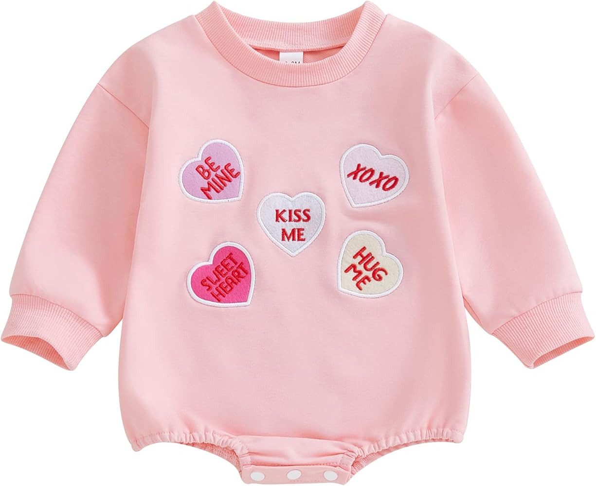 Infant Baby Boy Girl Valentines Outfit Love Embroidery Romper Bodysuit Long Sleeve Bubble Romper ... | Amazon (US)