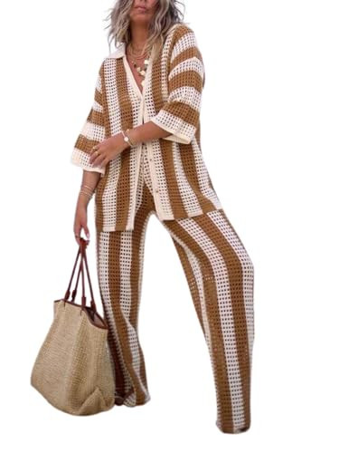 NIFTRIRY Women Cover Up Sets Button Up Tops with Pants Crochet Set Outfit 2 Piece Outfits Vacation Outfits | Amazon (US)