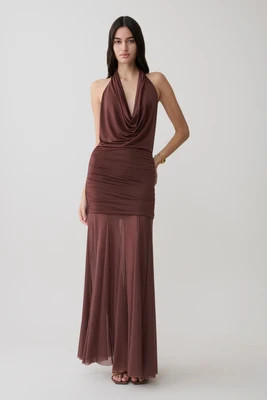 Jorja Draped Halter Slinky Maxi Dress / Chocolate | MESHKI | L | MESHKI US