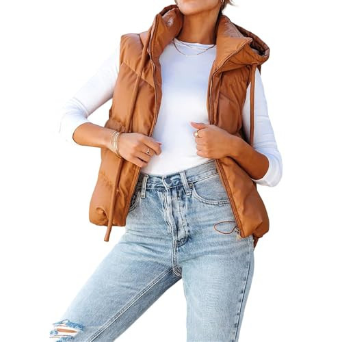 Cropped Puffer Vest Women Hooded Winter Warm Zip Up Vests Sleeveless Quilted Jacket Padded Gilet Outerwear with Pocket Brown | Amazon (US)
