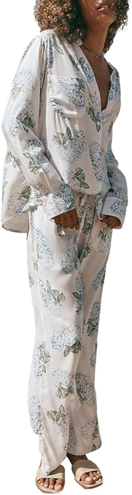 Women 2 Piece Floral Pajamas Lounge Set Sweet Strawberry Long Sleeve Shirt+Wide Leg Palazzo Pants... | Amazon (US)