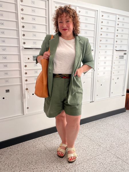 Linen short suit from ABLE. Fabric and color great in person but know the shorts run big. I’m wearing a 14 and am using the vintage scarf through the belt loops to cinch them. The lined blazer is XL and is a hint snug in the sleeves but otherwise fits well. Tee and bag also from ABLE and linked as well as the Birkenstock sandals! 

#LTKMidsize #LTKOver40
