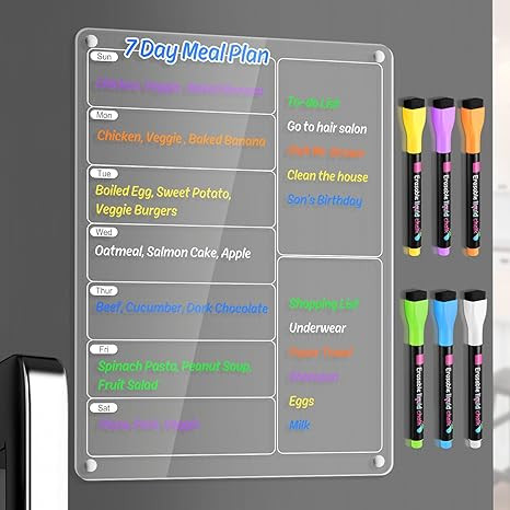 Acrylic Meal Planner Magnetic Menu Board for Kitchen French Fridge w/ 6 Markers, Clear Weekly Cal... | Amazon (US)