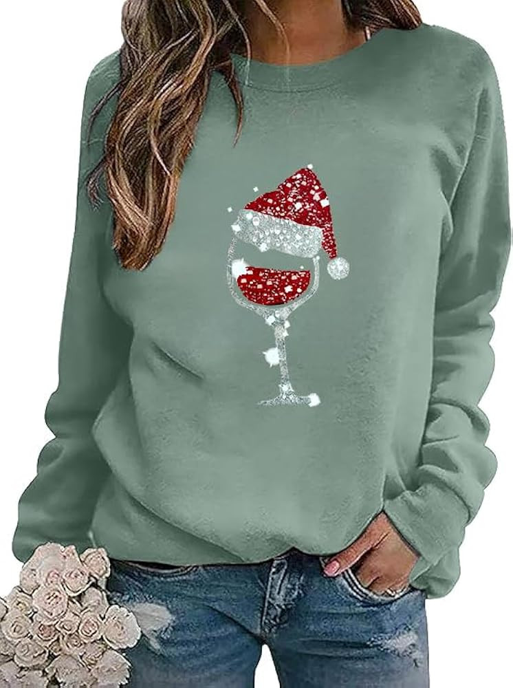 Women Christmas Sweatshirt Funny Red Wine Glass Christmas Shirt Xmas Santa Hat Graphic Pullover B... | Amazon (US)