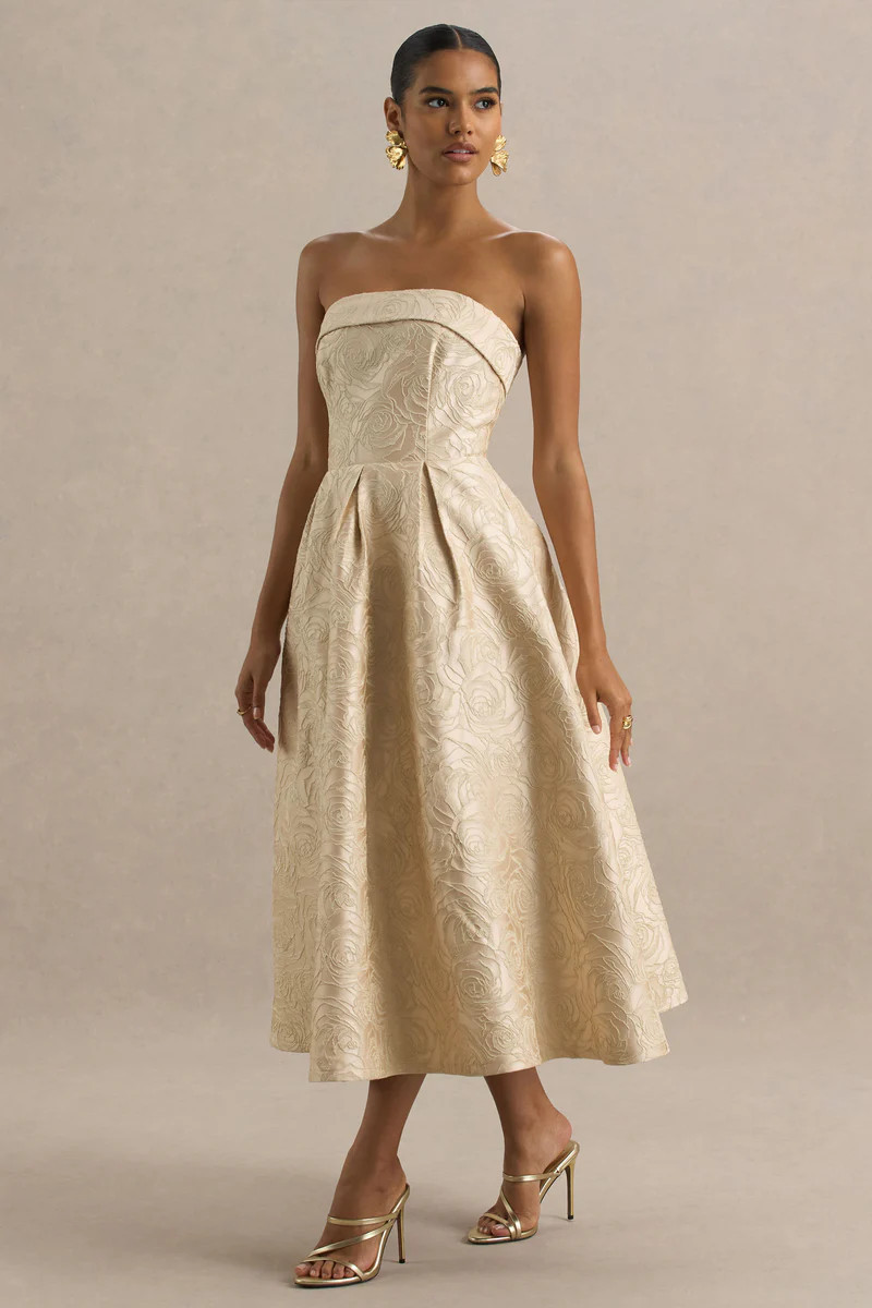 Hypnotic | Gold Jacquard Bandeau Midi Dress | Club L London