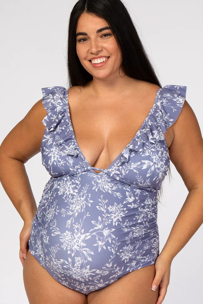 Lavender Floral Ruffle Maternity Plus One-Piece Swimsuit | PinkBlush Maternity