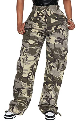 Camo Cargo Pants Women High Waisted Baggy Straight Leg Relaxed Fit Jeans Y2K Fashion Hiking Pants Rave Outfits Streetwear with 4 Pockets Green Camo M | Amazon (US)
