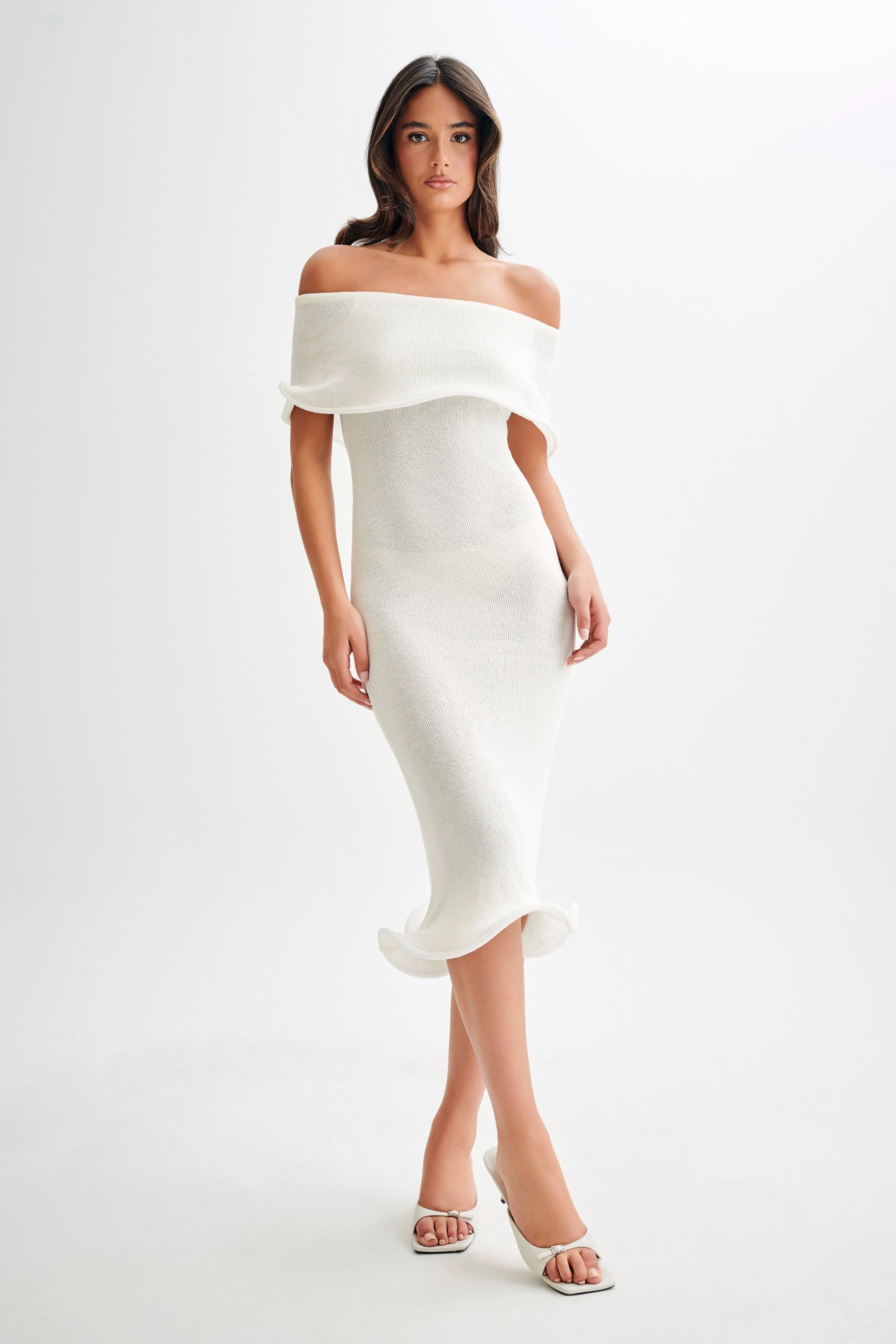 Molly Off Shoulder Knit Midi Dress - Ivory | MESHKI US