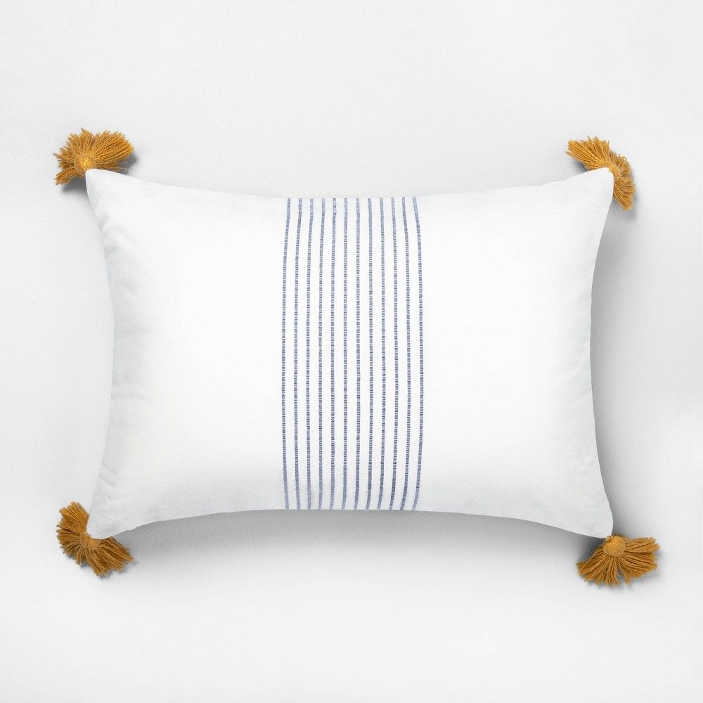 14"" x 20"" Center Stripes Tassel Throw Pillow Sour Cream / Blue - Hearth & Hand with Magnolia | Target