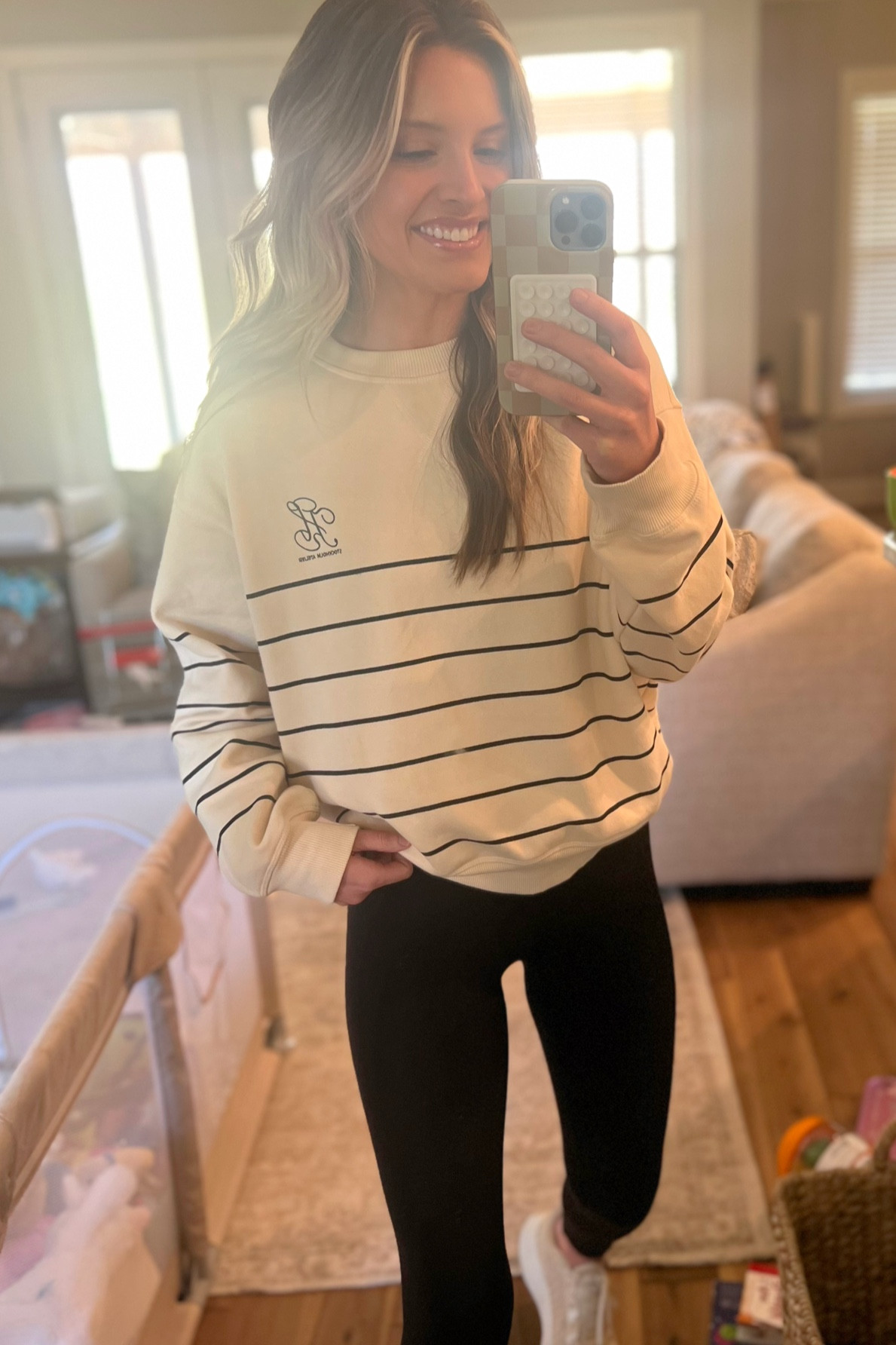 Casual Mom fit. 
Wearing a small in the sweatshirt, medium in leggings. 

#LTKU #LTKfindsunder100