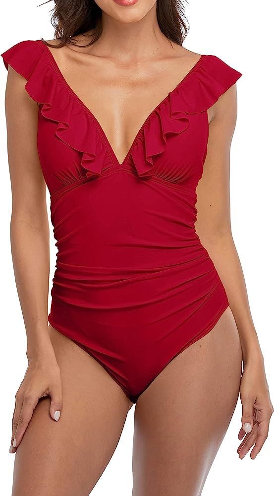 Sociala Ruffle One Piece Swimsuits for Women V Neck Ruched Monokini Bathing Suits | Amazon (US)