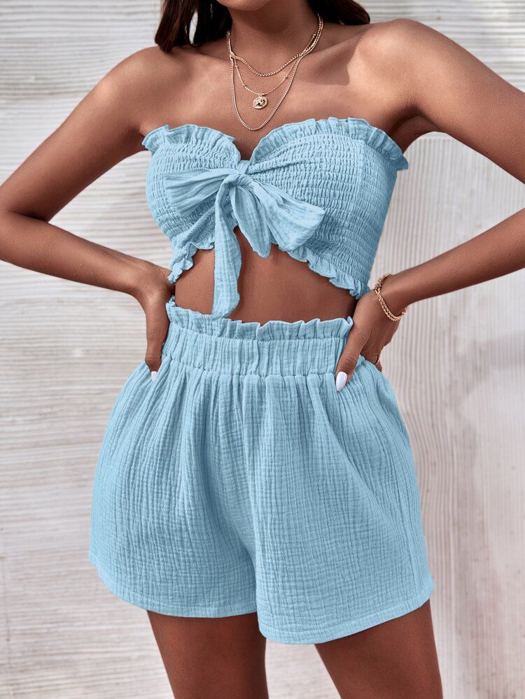 Shirred Frilled Tie Front Tube Top & Paperbag Waist Shorts | SHEIN