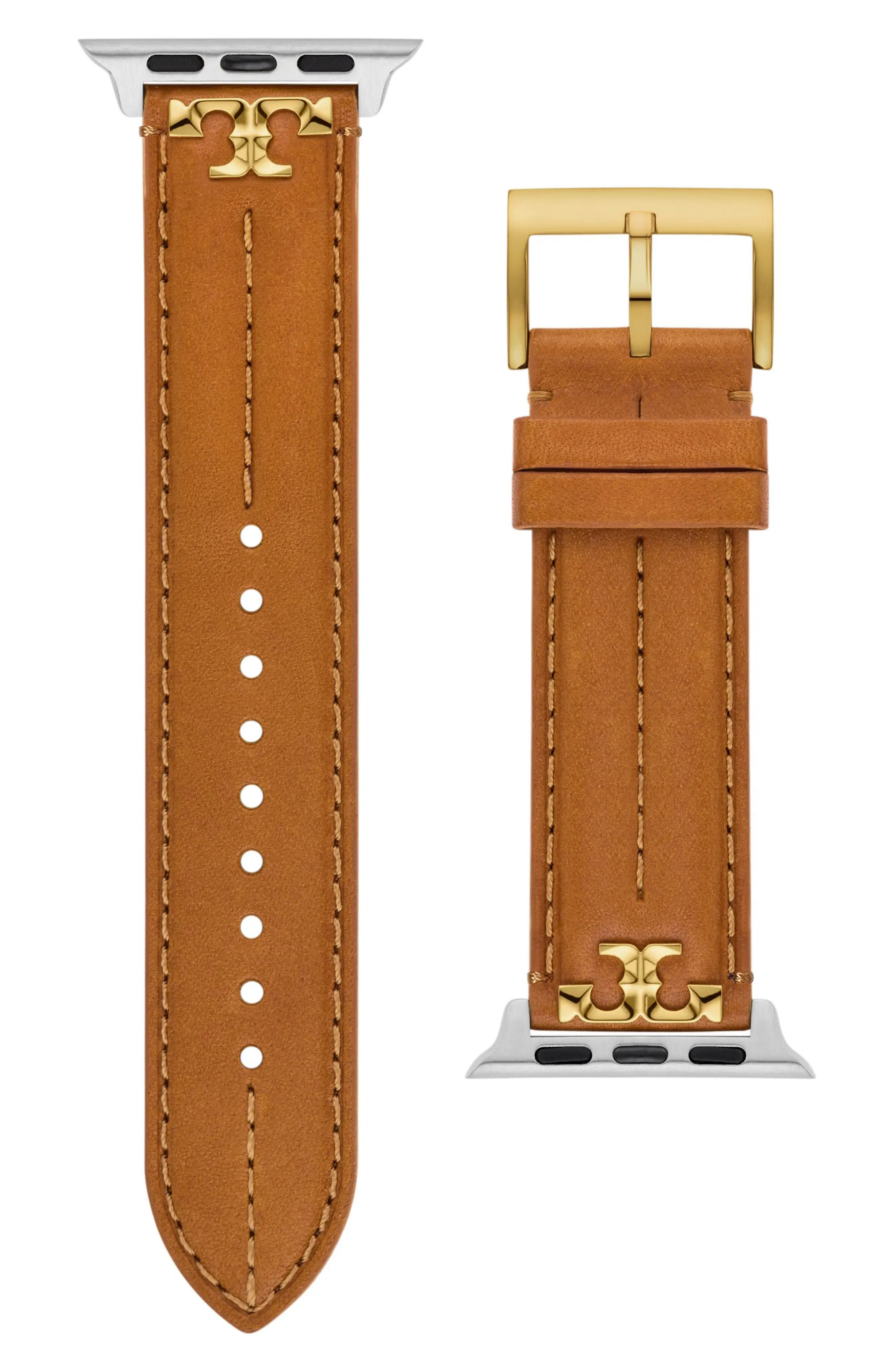 Tory Burch The Kira Leather 20mm Apple Watch® Watchband in Luggage at Nordstrom, Size 38 Mm | Nordstrom