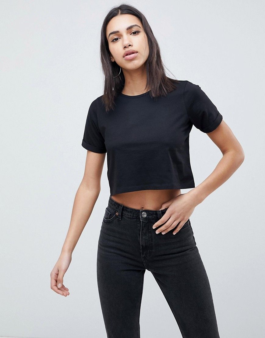 ASOS DESIGN Crop T-Shirt With Roll Sleeve - Black | ASOS US