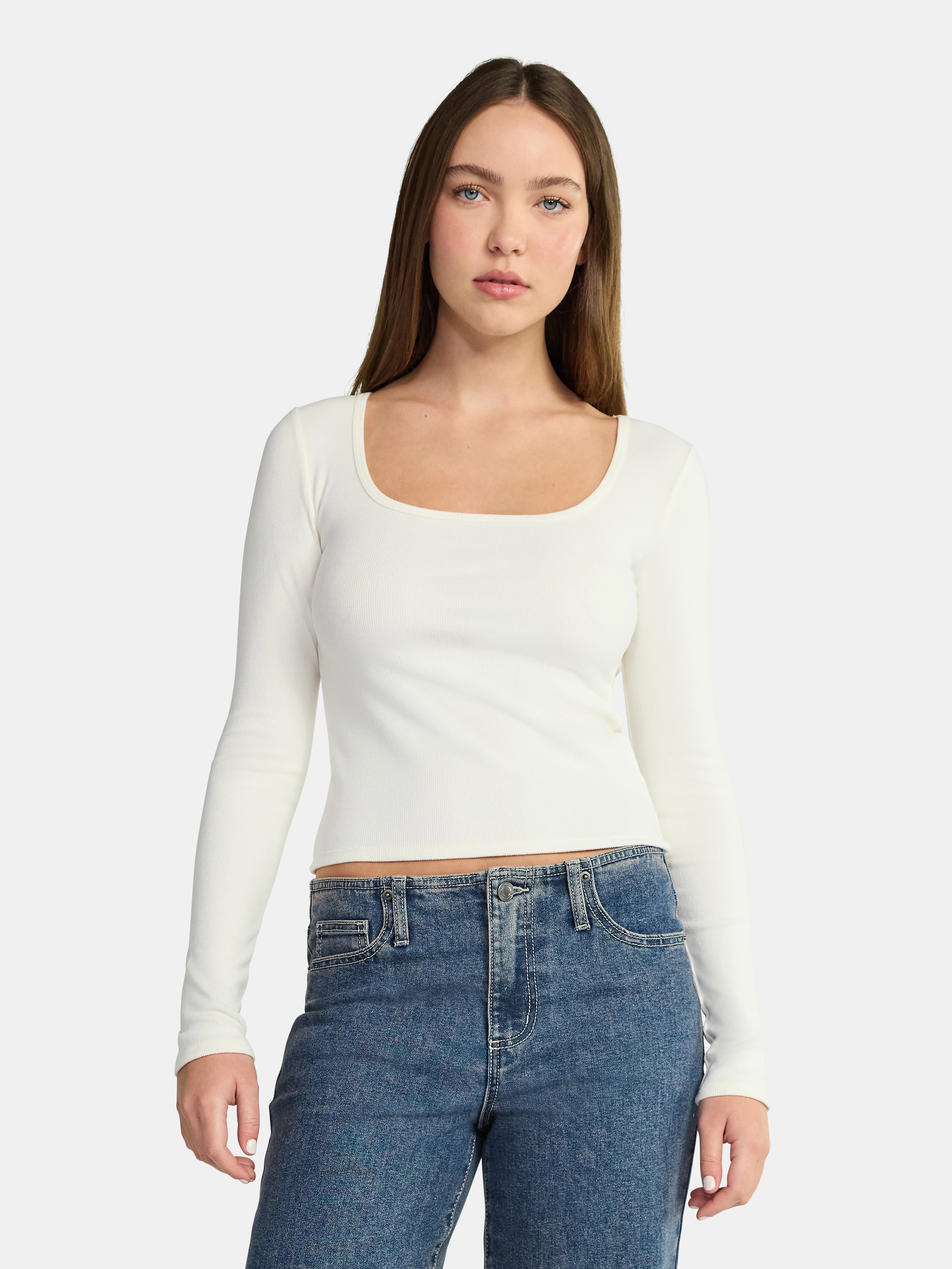 No Boundaries Square Neck Tee with Long Sleeves, Women's | Walmart (US)