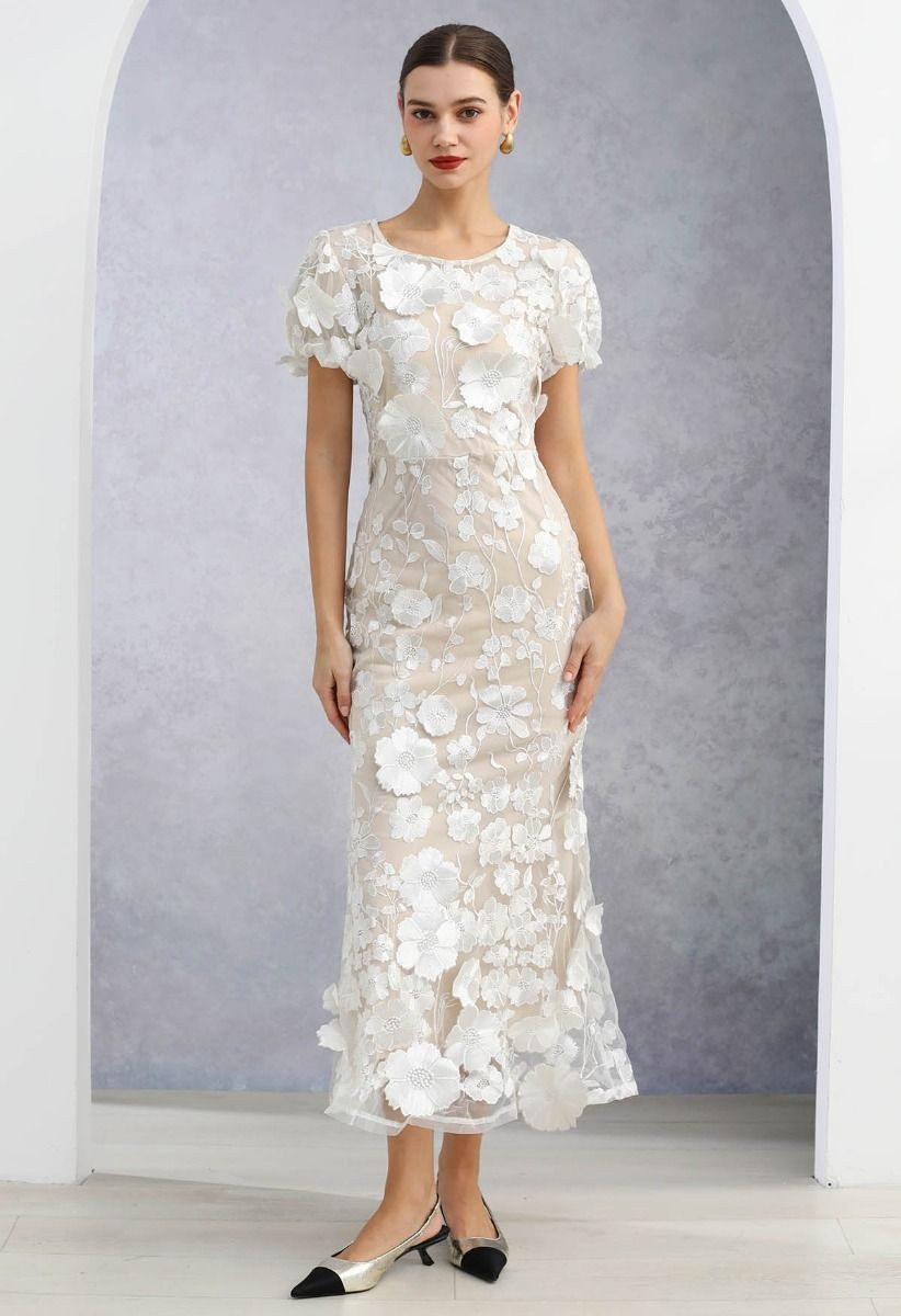 3D Floral Applique Mesh Tulle Mermaid Maxi Dress in White | Chicwish