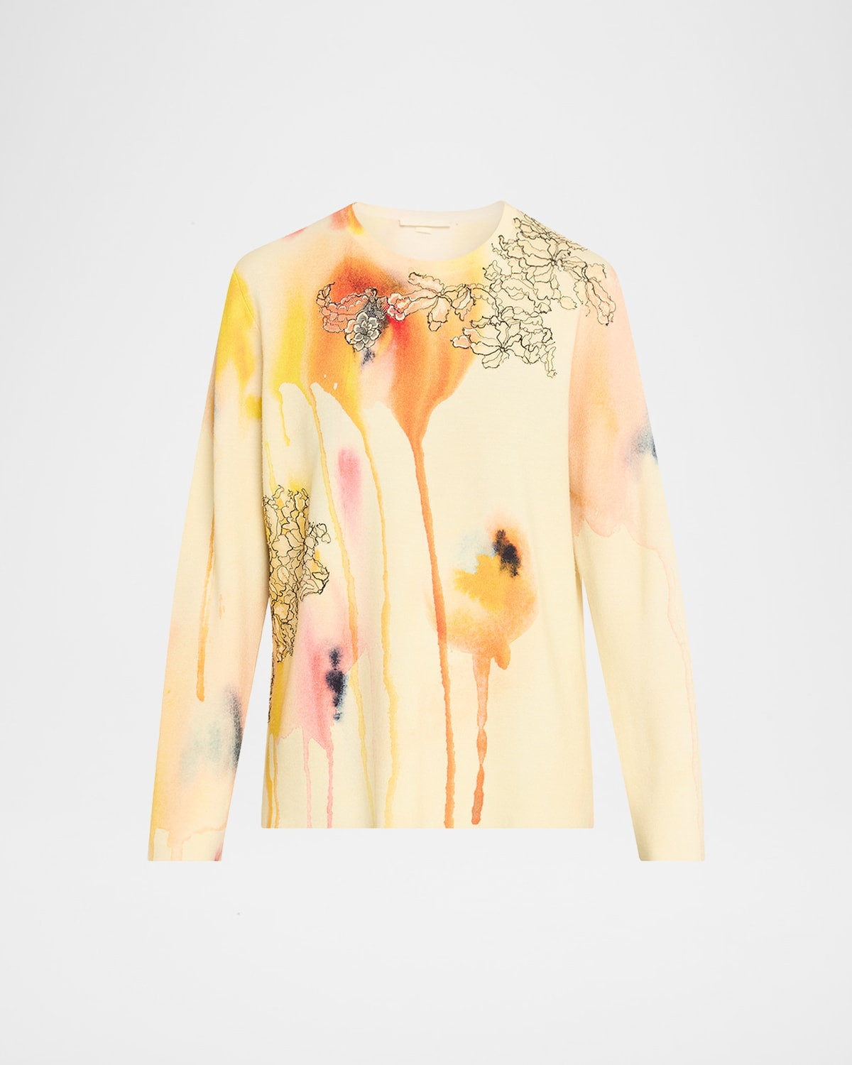 Watercolor Floral Lace Applique Wool Sweater | Neiman Marcus