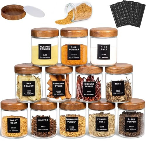 Yangbaga 12Pcs Glass Spice Jars with Labels-8oz Acacia Wood Lid Square Spice Containers,Seasoning Jars for Rack Cabinet Drawer,KitchenPantry Daily Use | Amazon (US)