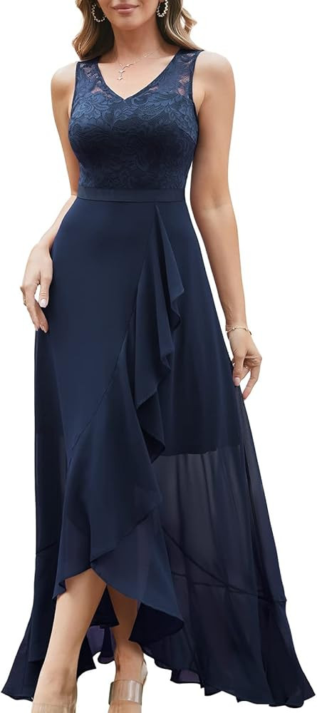 Meetjen Wedding Guest Dress for Women Long Lace Chiffon Dress Ruffle Asymmetrical Hem A-line Form... | Amazon (US)