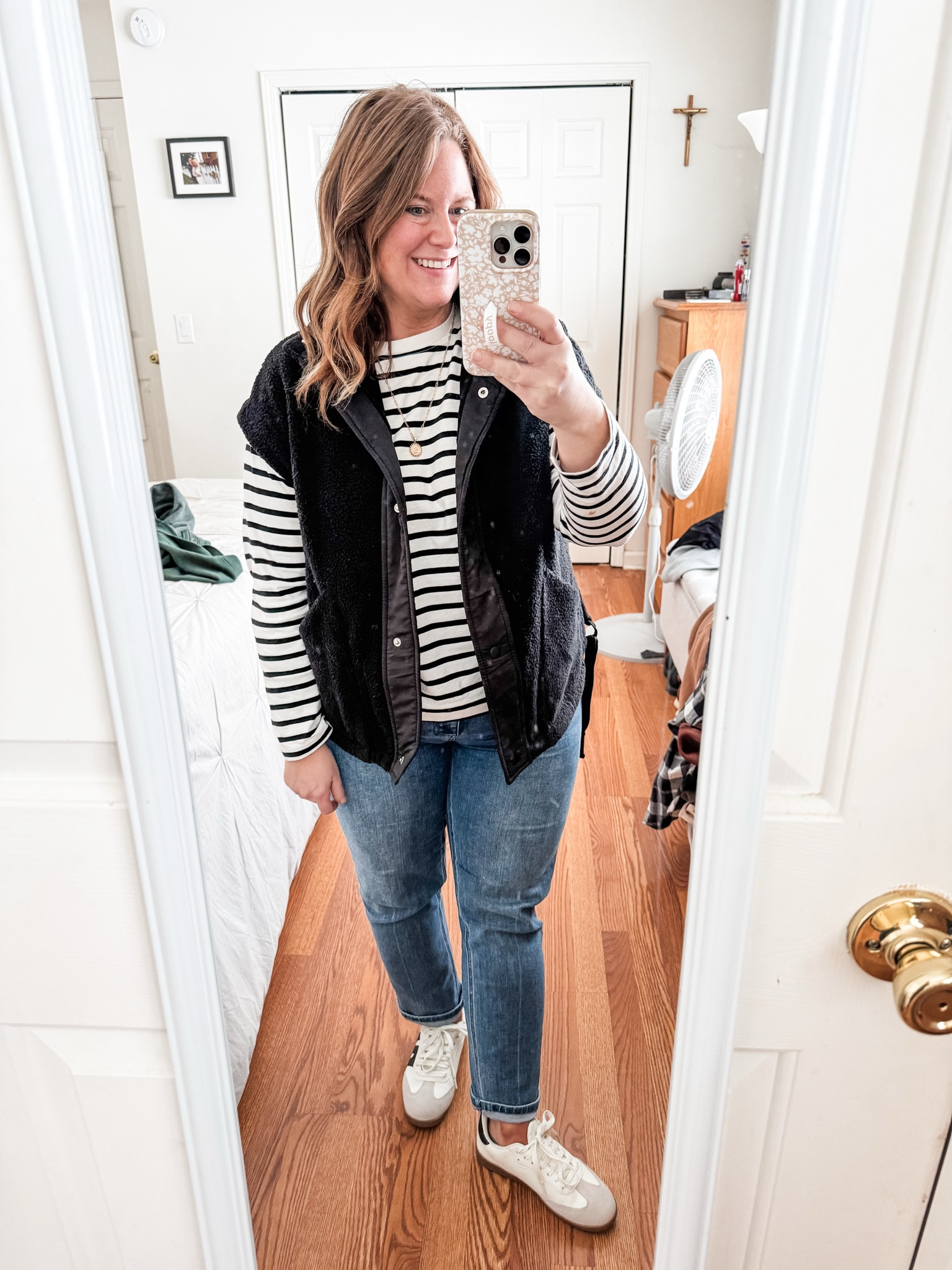 Teacher outfit!

Striped long sleeve tee (large) 
Fleece vest (large) 
Jeans (32 - 26 inseam)
Sneakers 

#LTKMidsize #LTKPetite #LTKFindsUnder50