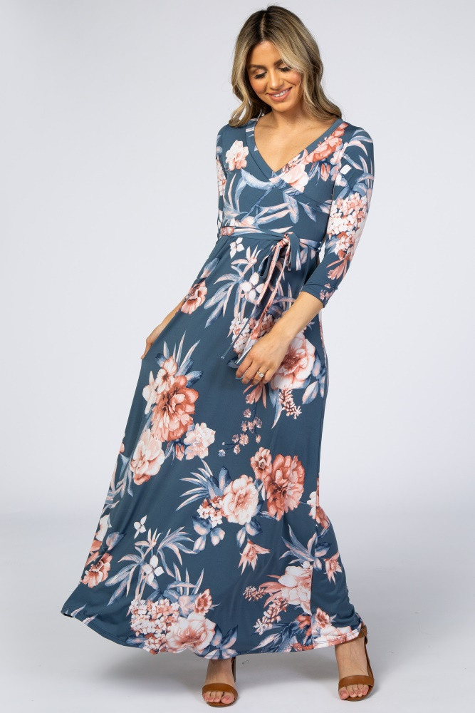 Blue Pink Floral Wrap Maxi Dress | PinkBlush Maternity