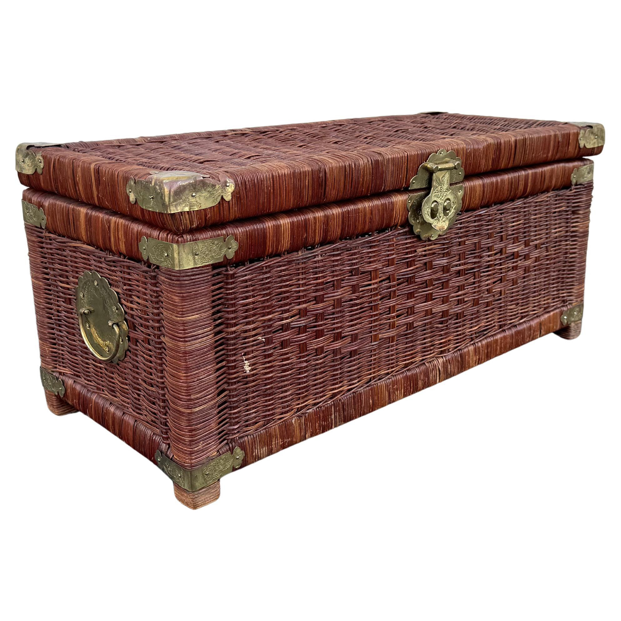1970's Chinoiserie Storage Chest In Rattan With Brass Accents | 1stDibs