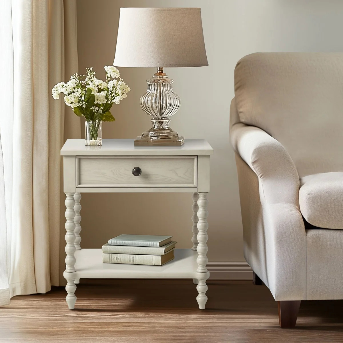 Beckett Antique Cream Turned Wood Spindle Nightstand with Drawer and Shelf | Wayfair North America